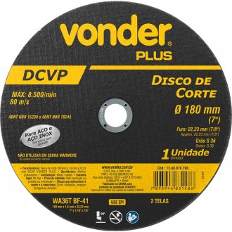 Disco de corte 180 mm x 1,6 mm x 22,23 mm DCVP, VONDER PLUS